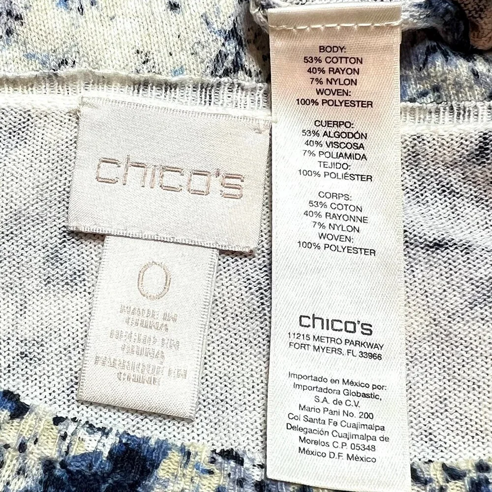 Chico's Sweater Tunic Womens S Blue Cream Abstract Roccoco Animal Print 3/4 Slve